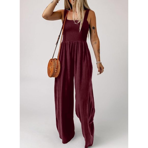 Women's Burgundy One Piece Sleeveless Wide Leg Long Pant Rompers With Pockets - Picture 3 of 6